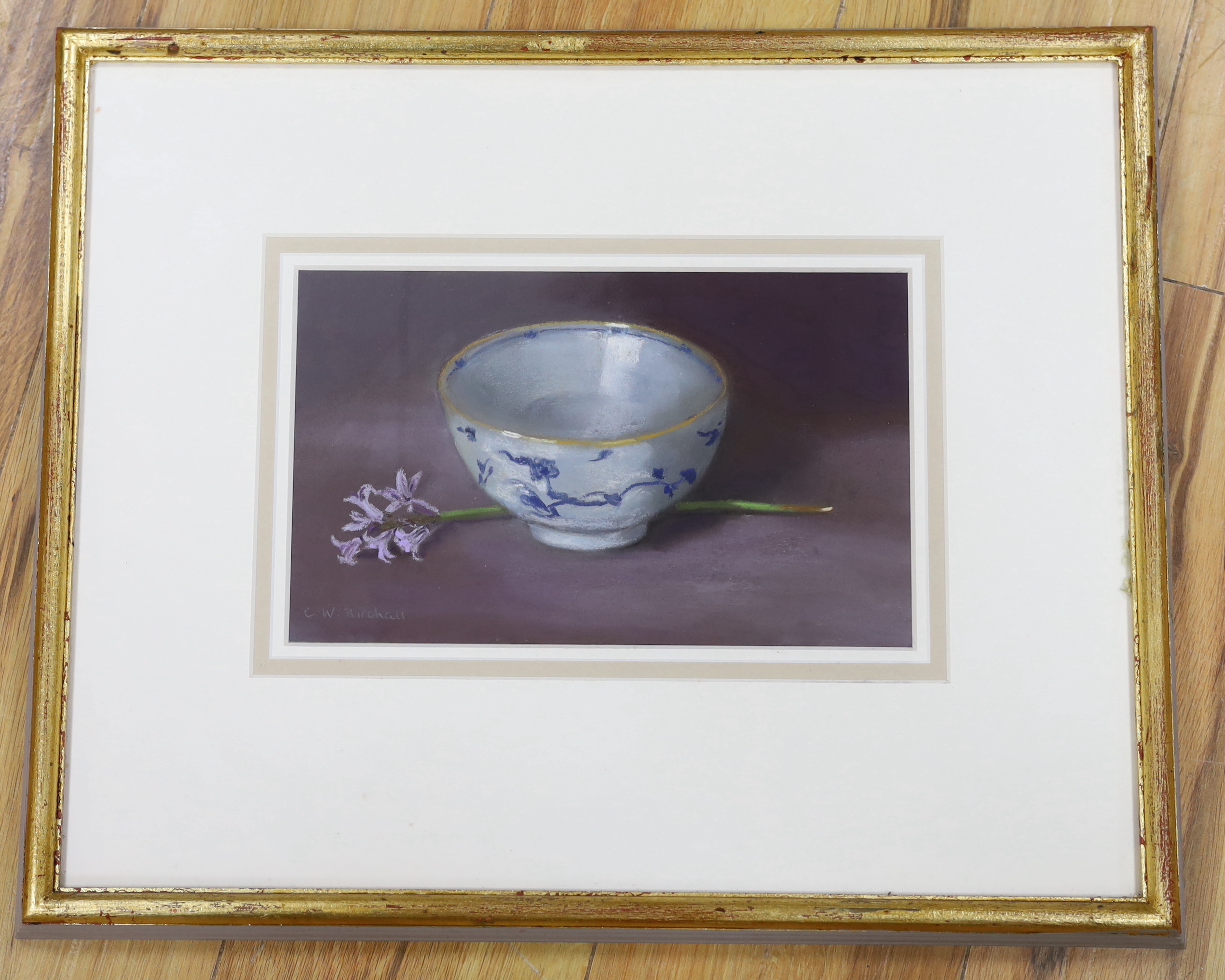 Christine (Christie) Birchall SWA (Contemporary) pastel, Chinese bowl and bluebells, signed, details verso, 28cm x 17cm